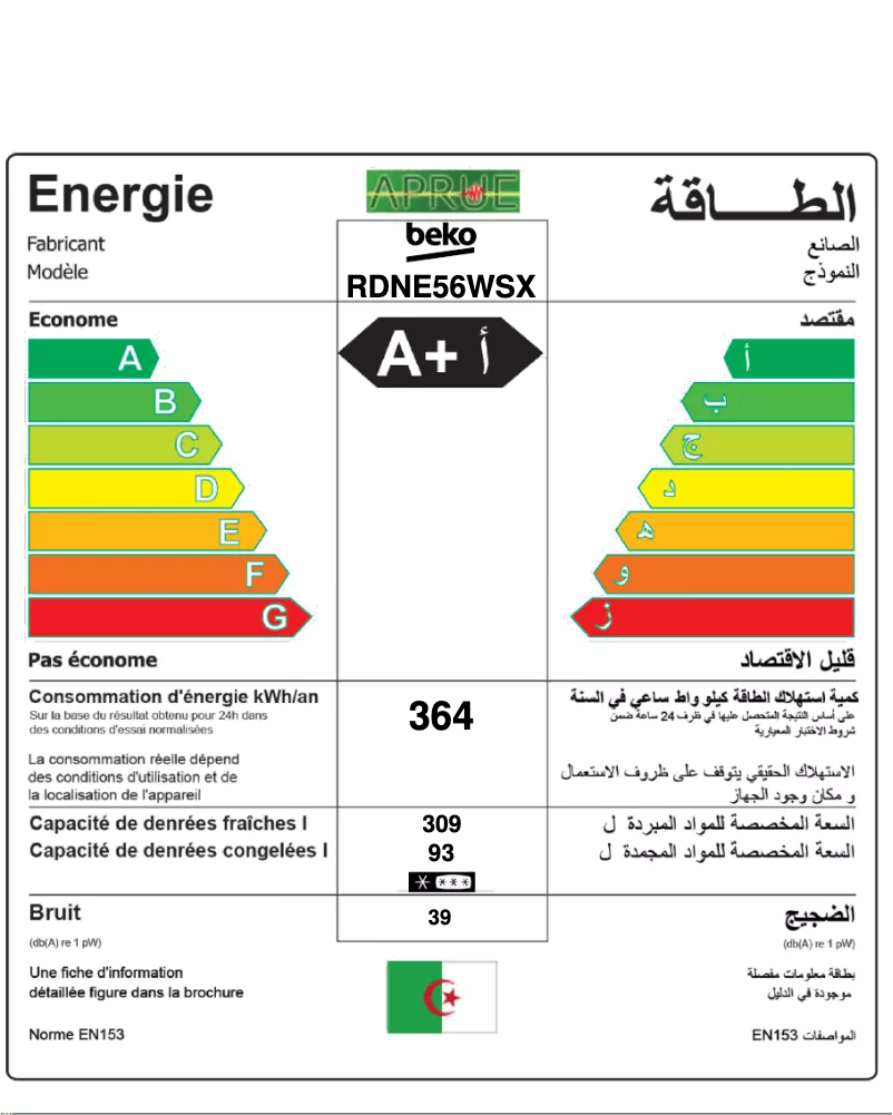 Page 1 de la notice Label énergétique Beko RDNE56WSX
