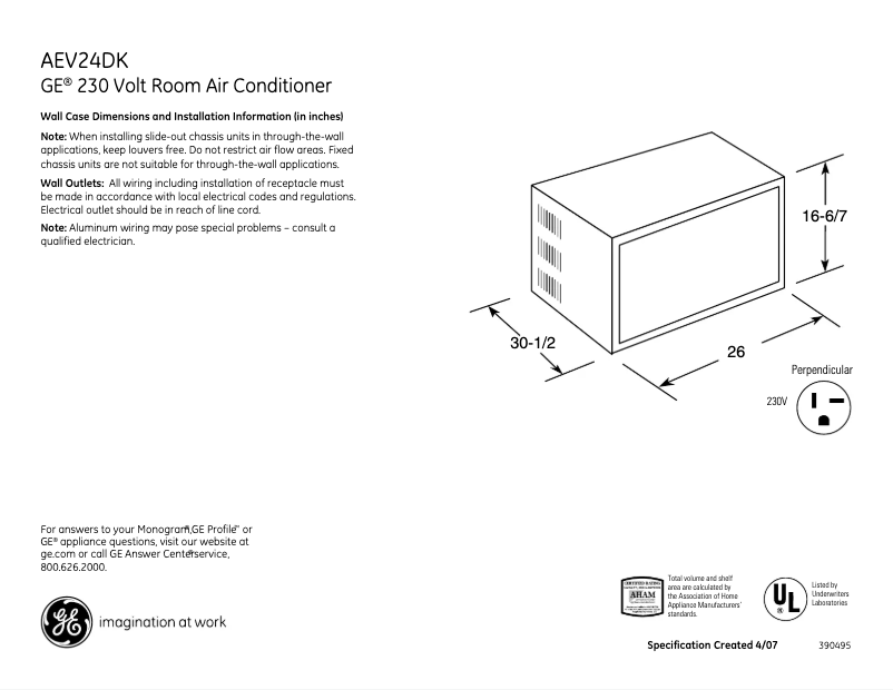 Page 1 de la notice Fiche technique GE AEV24DK