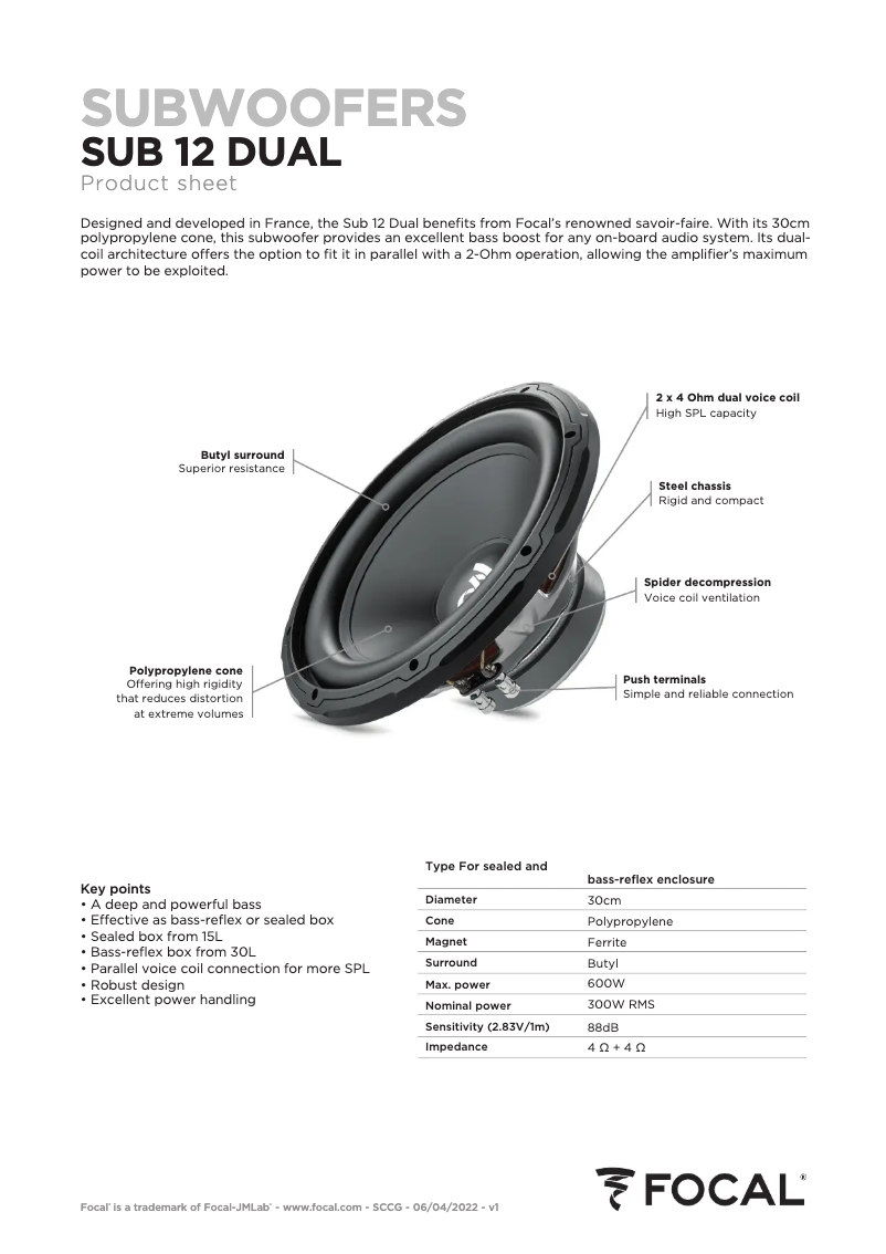 Página 1 del manual Ficha técnica Focal Sub 12 Dual