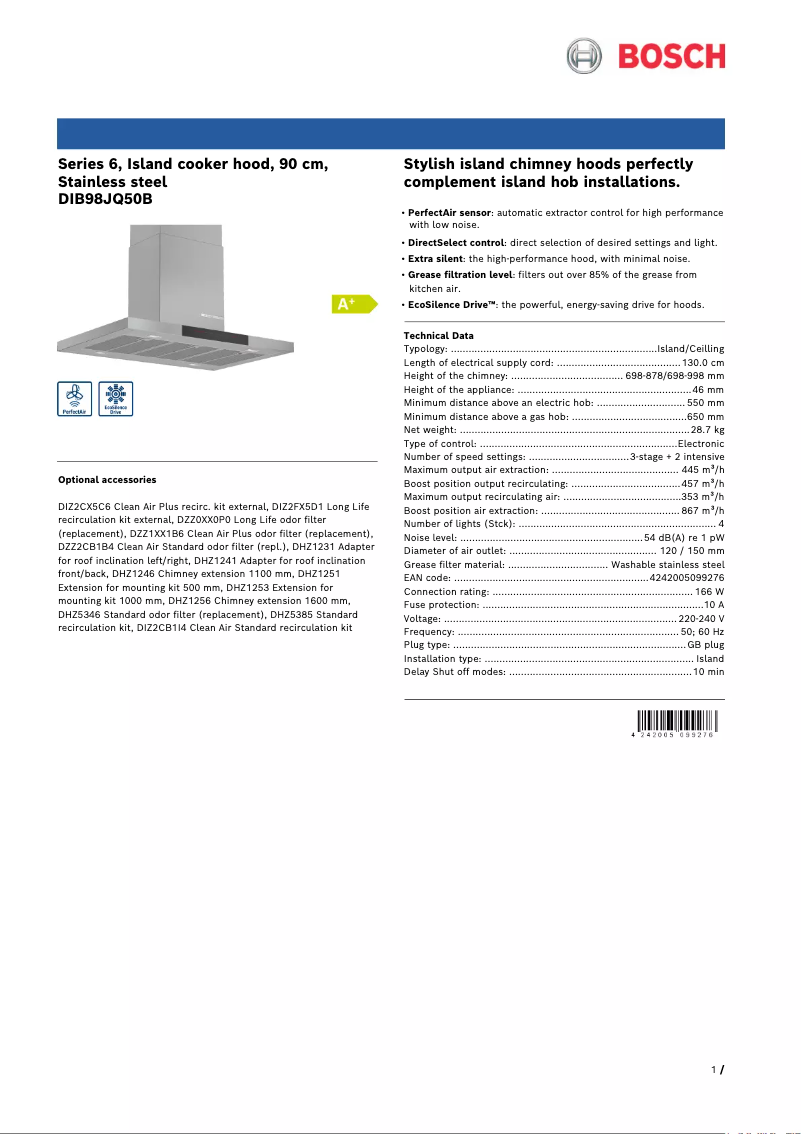 Page 1 de la notice Fiche technique Bosch Serie 6 DIB98JQ50B