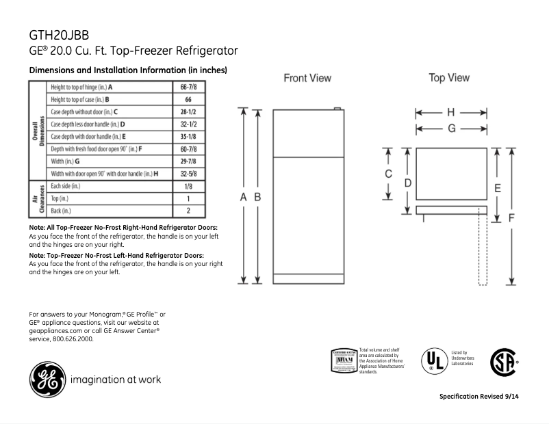Page n°1 - Fiche technique GE GTH20JBBBB