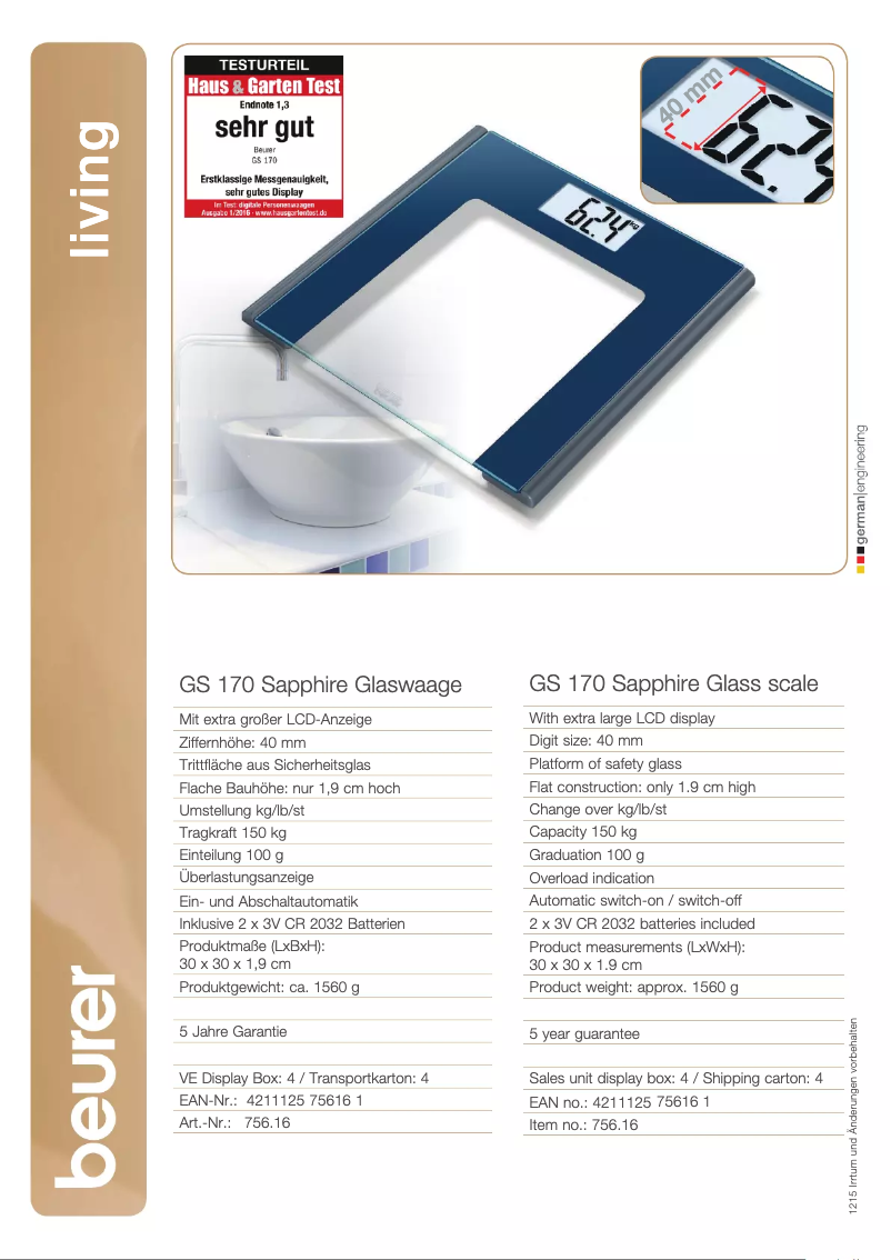 Page 1 de la notice Fiche technique Beurer GS 170