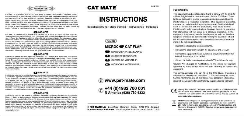 Page 1 de la notice Manuel utilisateur Closer Pets Cat Mate 360B