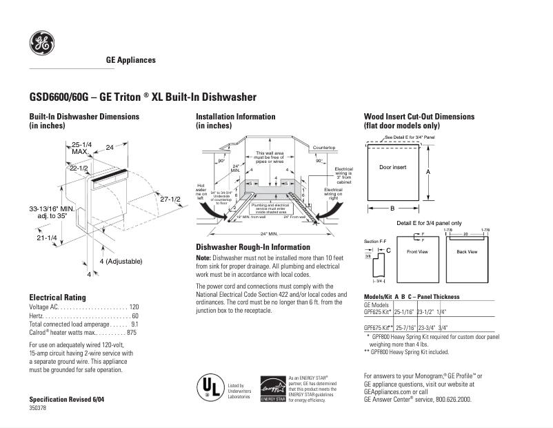 Página 1 del manual Ficha técnica GE GSD6600GBB