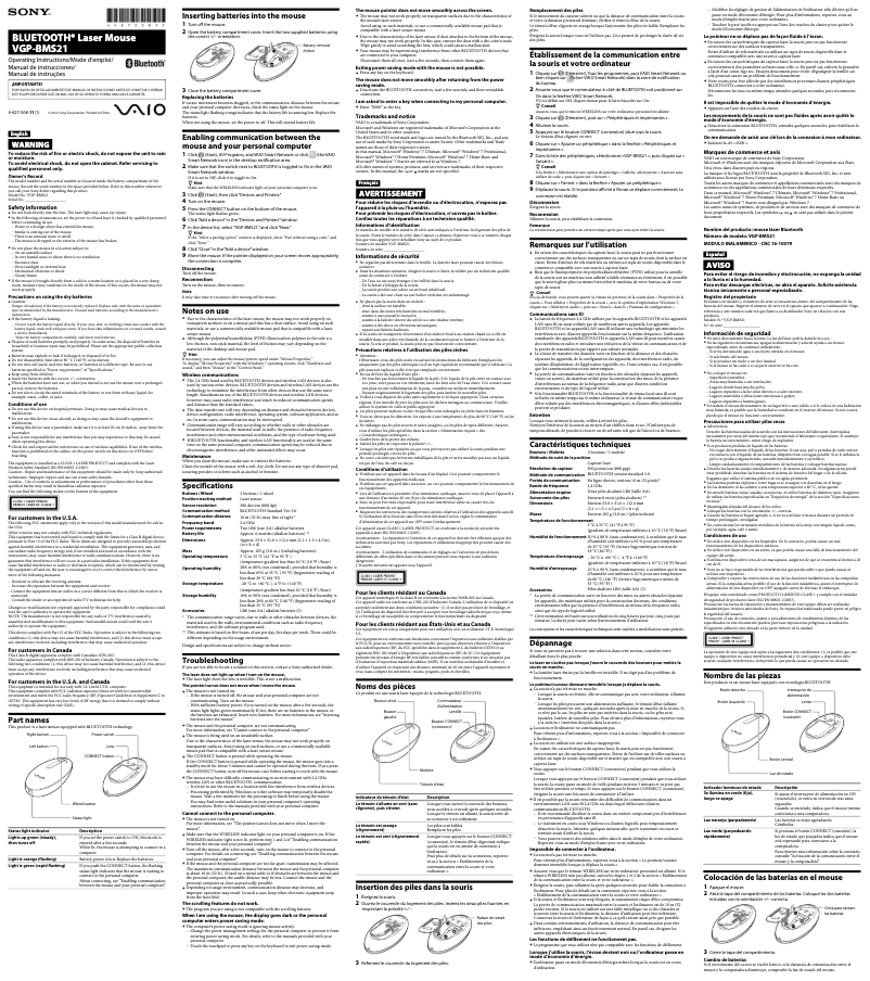 Page 1 de la notice Manuel utilisateur Sony VGP-BMS21