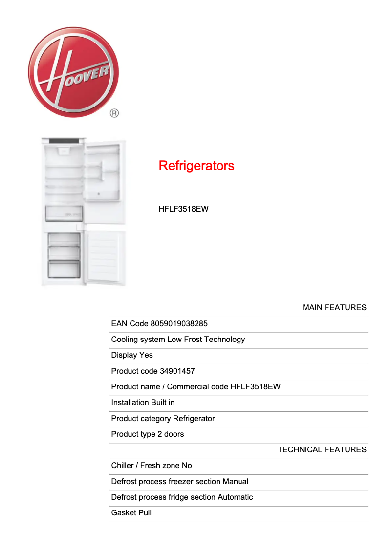 Page n°1 - Fiche technique Hoover HFLF3518EW