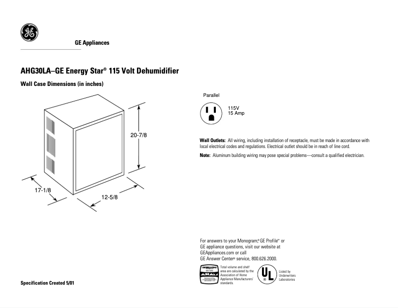 Page 1 de la notice Fiche technique GE AHG30LB