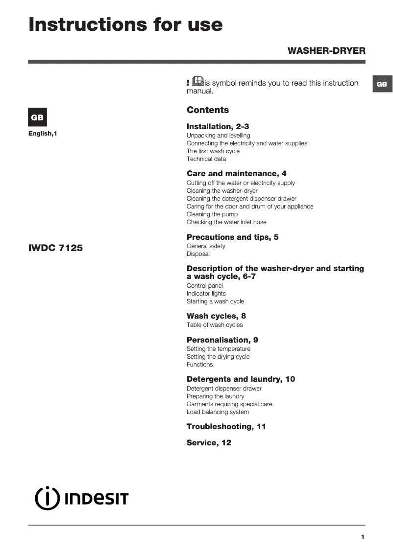 Page 1 de la notice Manuel utilisateur Indesit IWDC 7125
