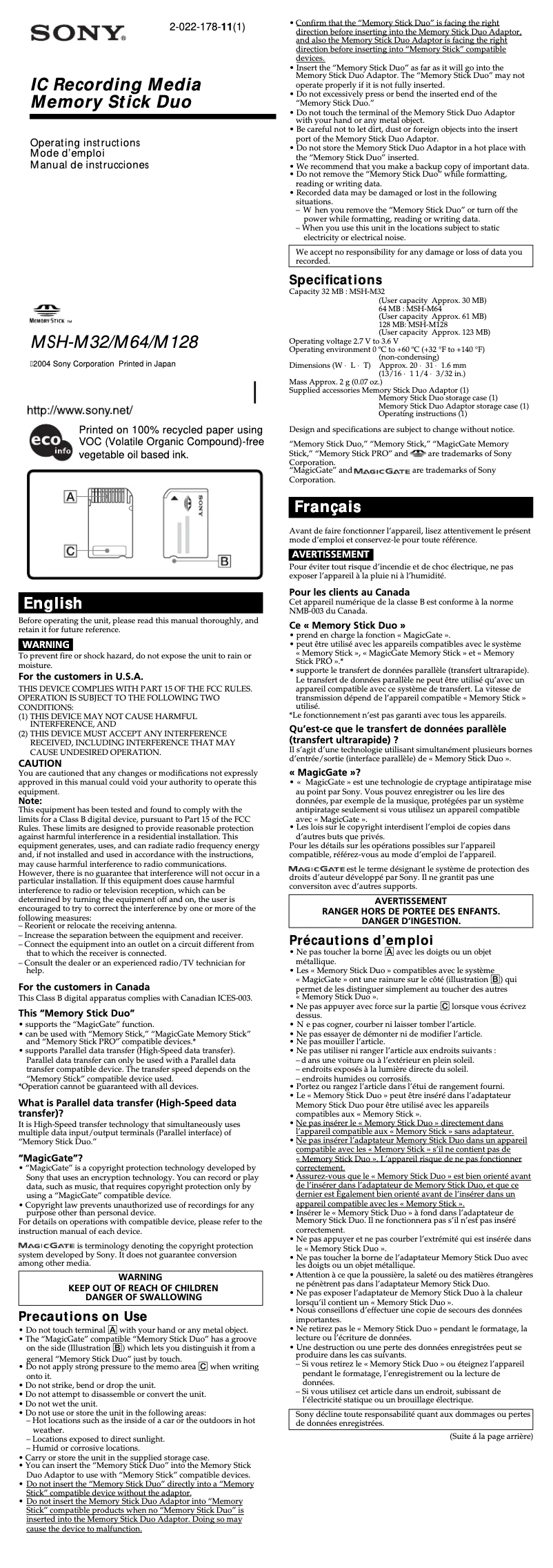 Page 1 de la notice Manuel utilisateur Sony MSH-M32A