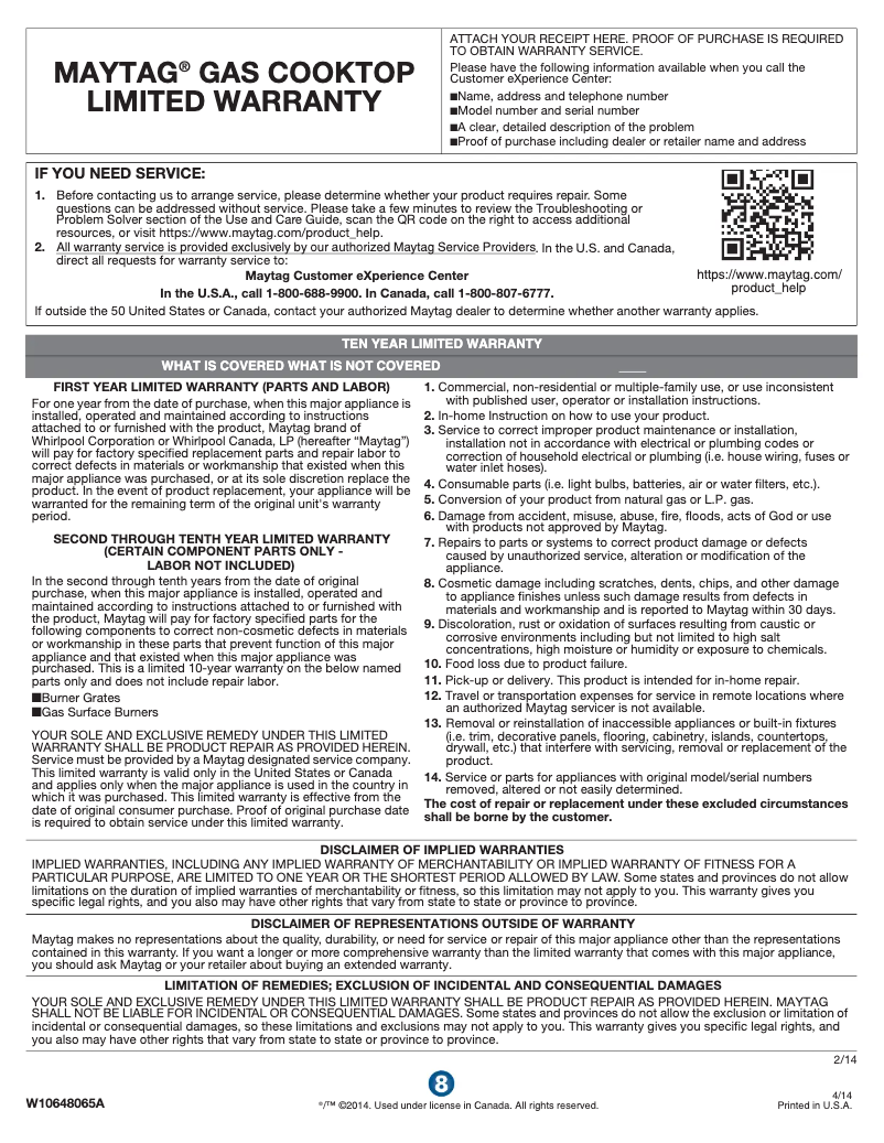 Page 1 de la notice Informations de garantie Maytag MGC7430DS