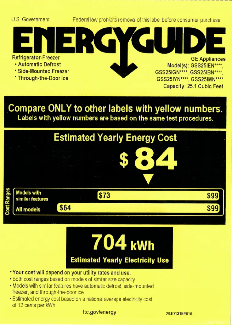 Page 1 de la notice Label énergétique GE GSS25IENDS