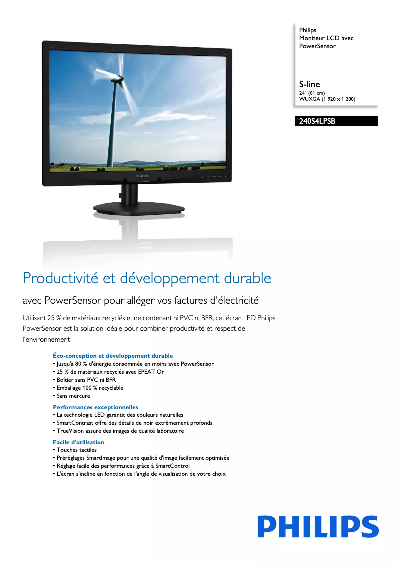 Page 1 de la notice Fiche technique Philips Brilliance 240S4LPSB