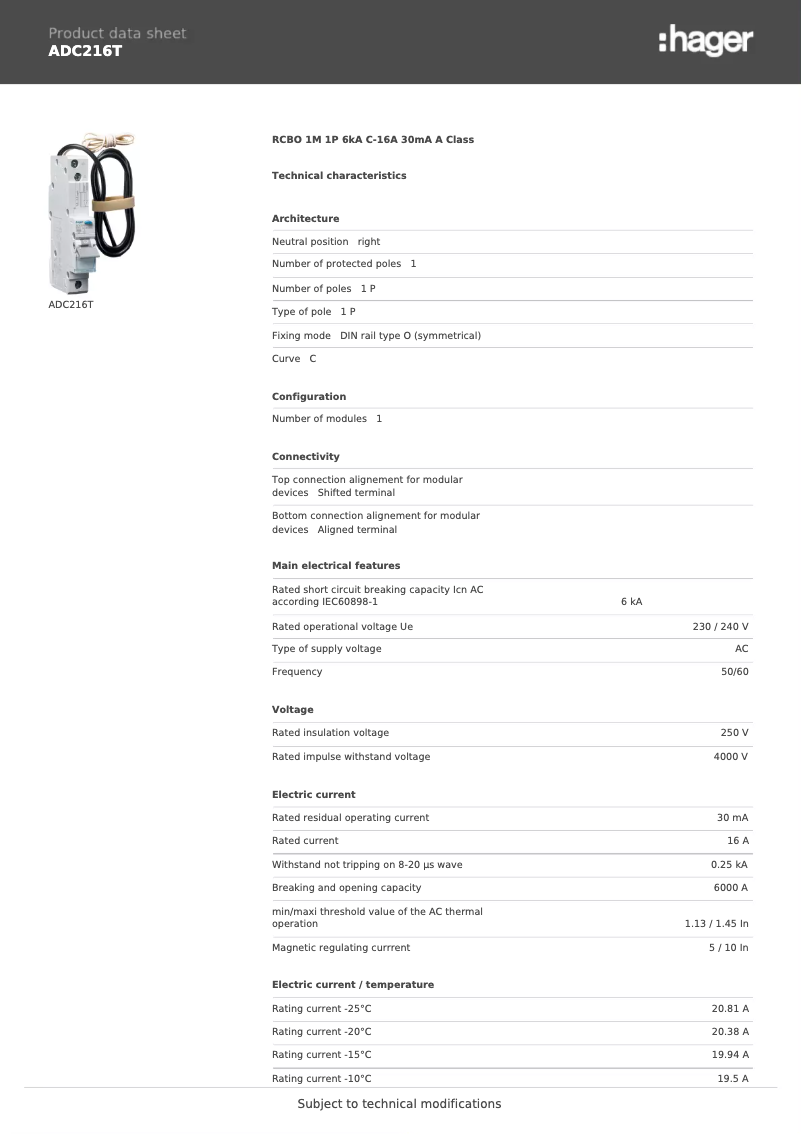 Page n°1 - Fiche technique Hager ADC216T