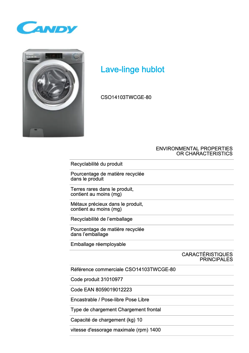Image de la première page du manuel de l'appareil CSO14103TWCGE-80