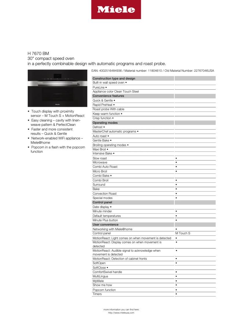 Page n°1 - Fiche technique Miele H 7670 BM