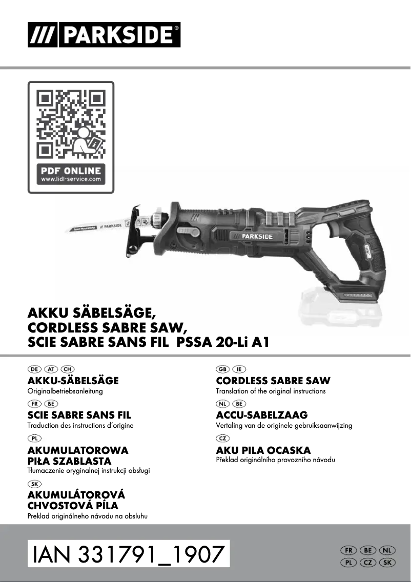 Page 1 de la notice Manuel utilisateur Parkside PSSA 20-Li A1