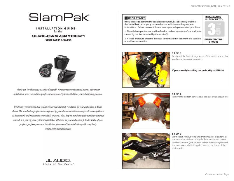Page 1 de la notice Manuel utilisateur JL Audio SlamPak SLPK-CAN-SPYDER1