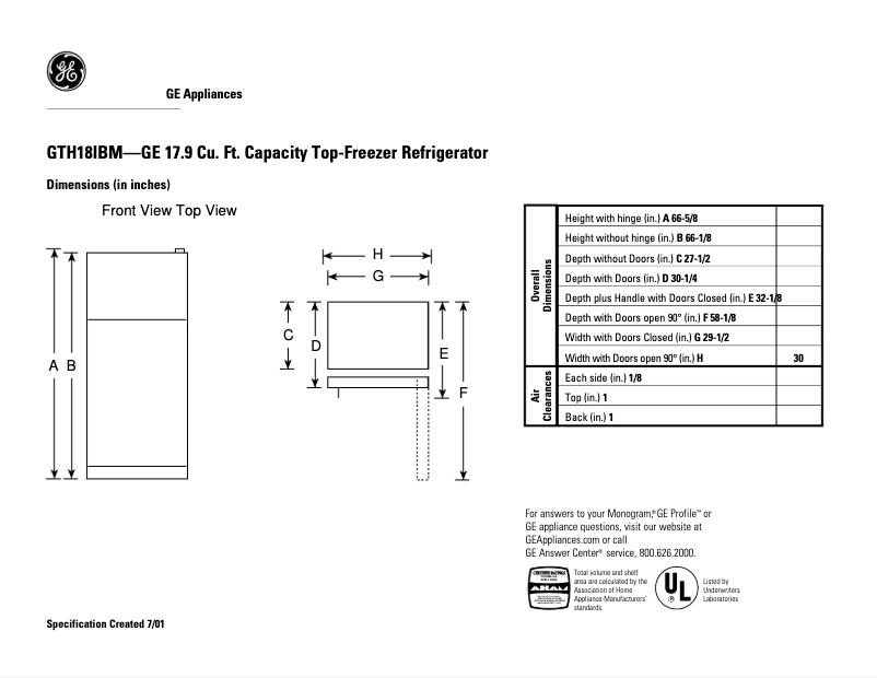 Page n°1 - Fiche technique GE GTH18IBMWW