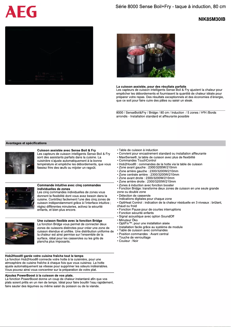 Page 1 de la notice Fiche technique AEG NIK85M30IB