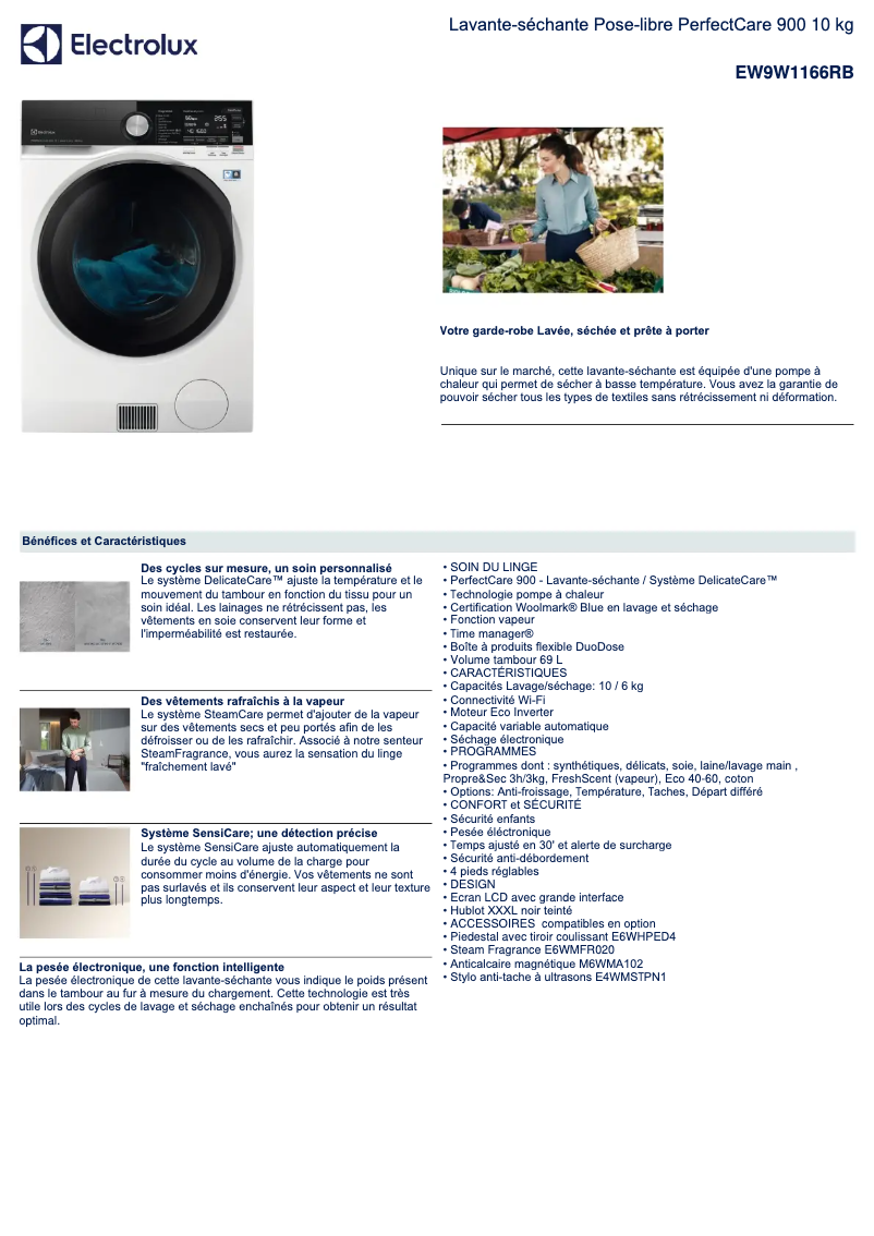 Page 1 de la notice Fiche technique Electrolux EW9W1166RB