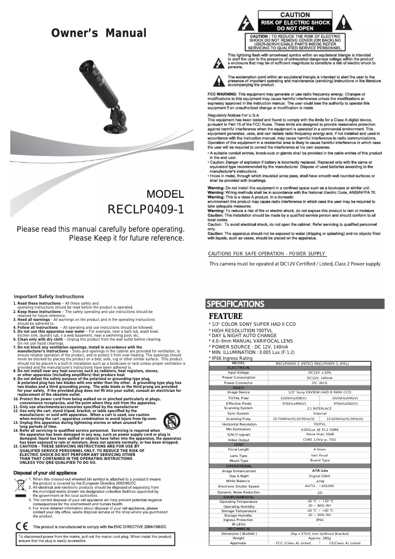 Page n°1 - Manuel utilisateur REVO RECLP0409-1C