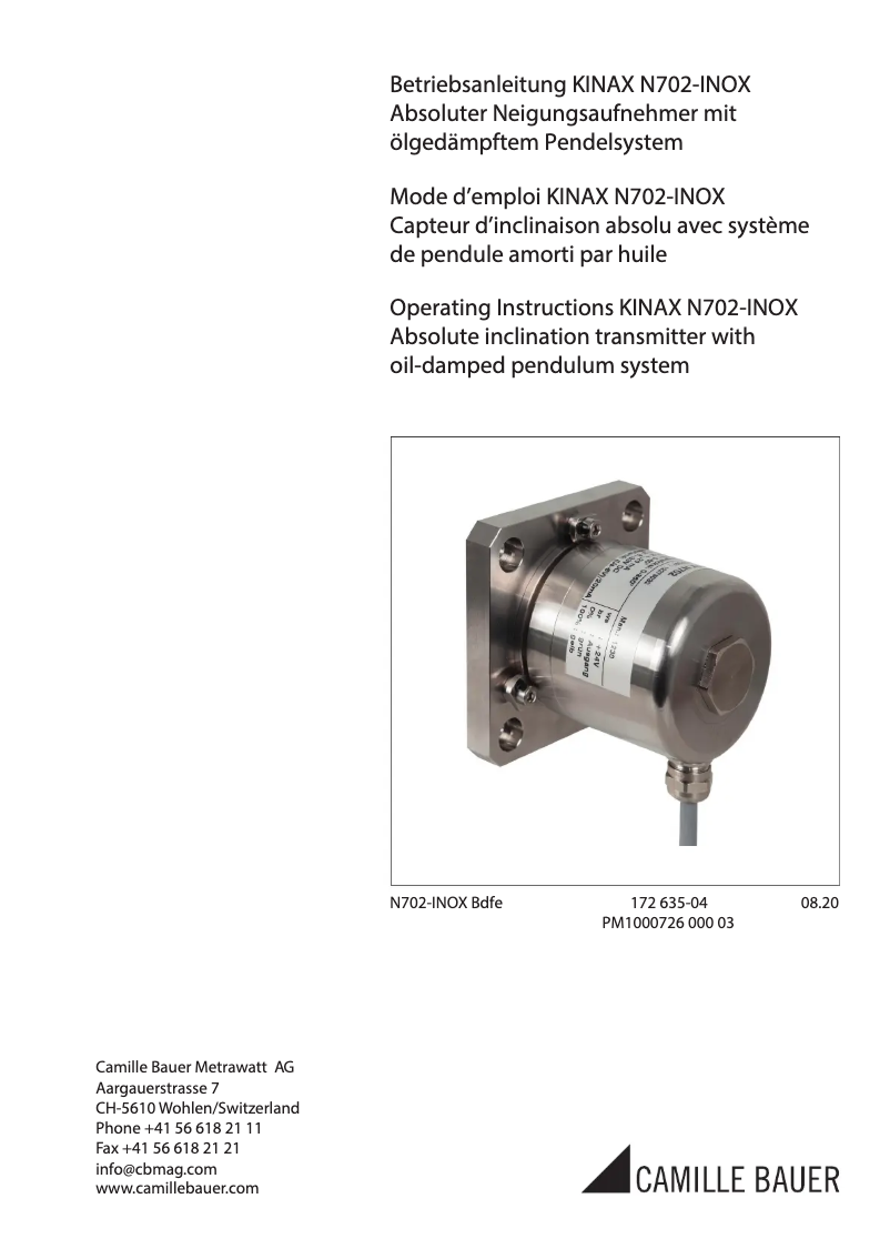 Page 1 de la notice Manuel utilisateur Camille Bauer KINAX N702-INOX