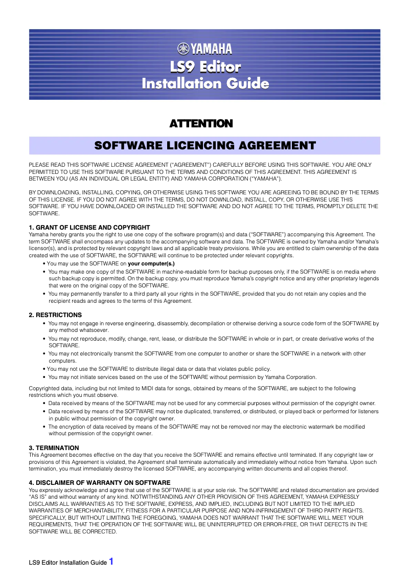 Page 1 de la notice Guide d'installation Yamaha LS9-16