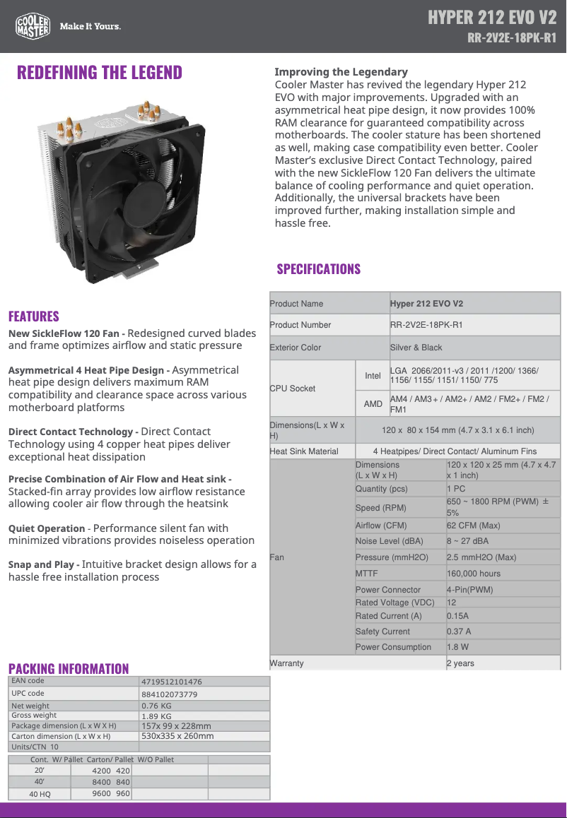 Page n°1 - Fiche technique Cooler Master Hyper 212 Evo V2