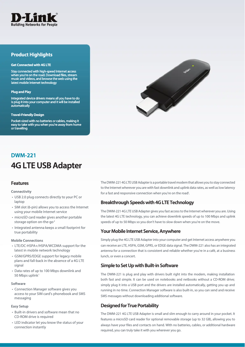 Page 1 de la notice Fiche technique D-Link DWM-221