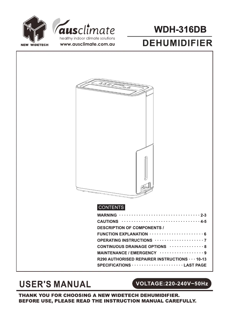 Image de la première page du manuel de l'appareil WDH-316DB