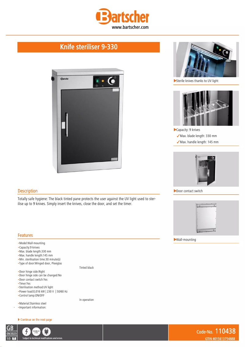 Page 1 de la notice Fiche technique Bartscher 9-330