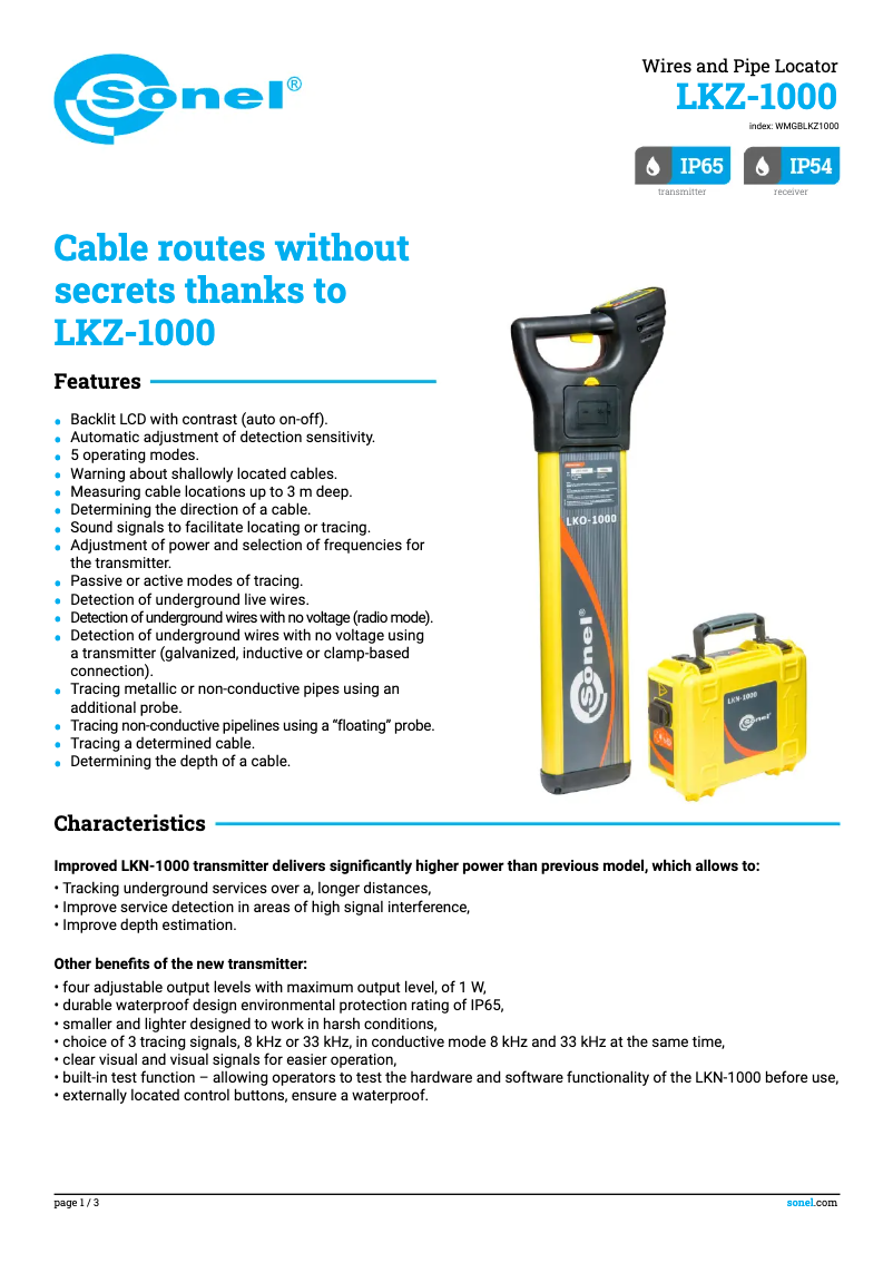 Page 1 de la notice Fiche technique Sonel LKZ-1000