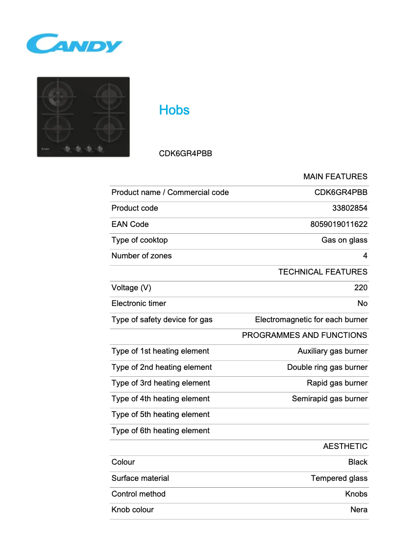 Page n°1 - Fiche technique Candy CDK6GR4PBB