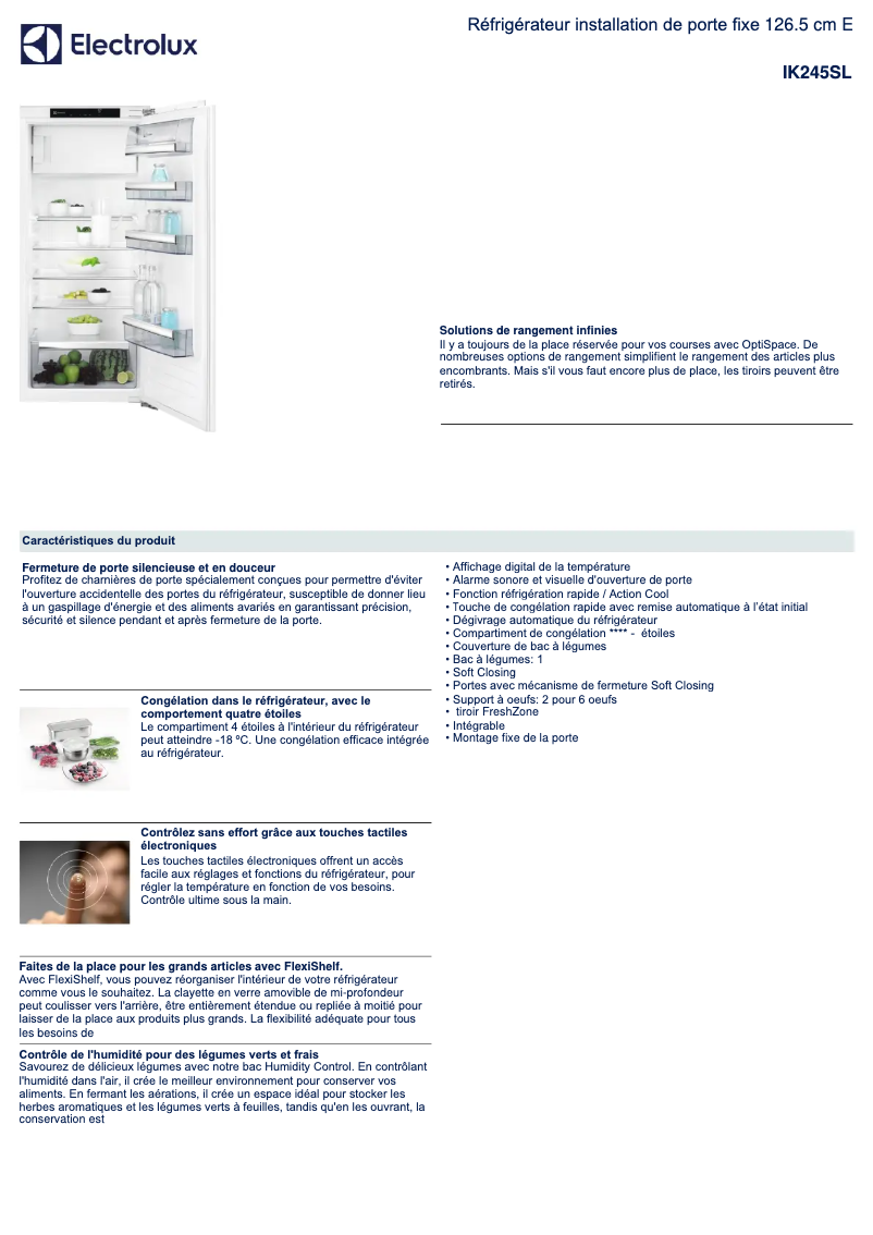 Page 1 de la notice Fiche technique Electrolux IK245SL