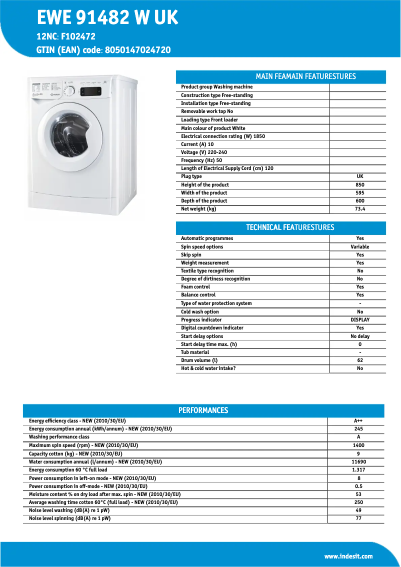 Page n°1 - Fiche technique Indesit EWE 91482 W UK
