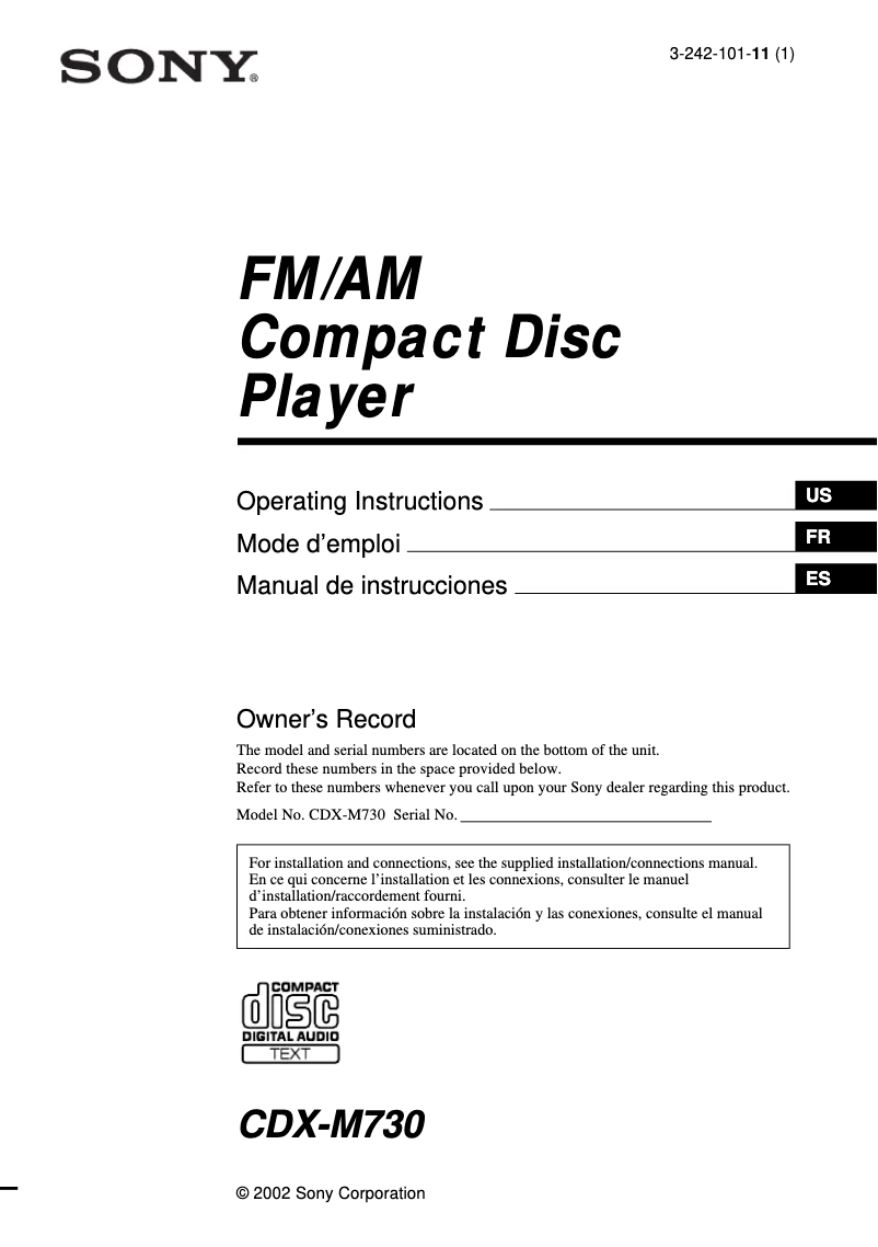 Page n°1 - Manuel utilisateur Sony CDX-M730