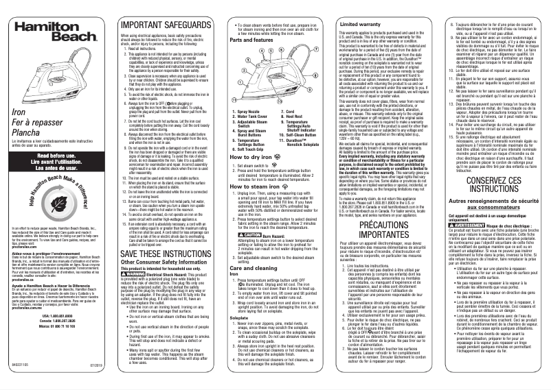 Page 1 de la notice Manuel utilisateur Hamilton Beach Durathon 19802