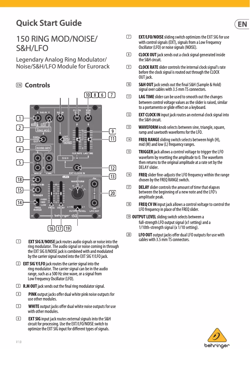 Page 1 de la notice Guide de démarrage rapide Behringer 150 Ring Mod/Noise/S&H/LFO