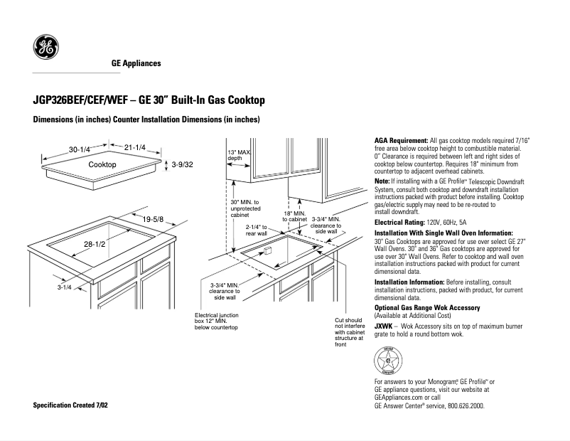 Page n°1 - Fiche technique GE JGP326WEFWW