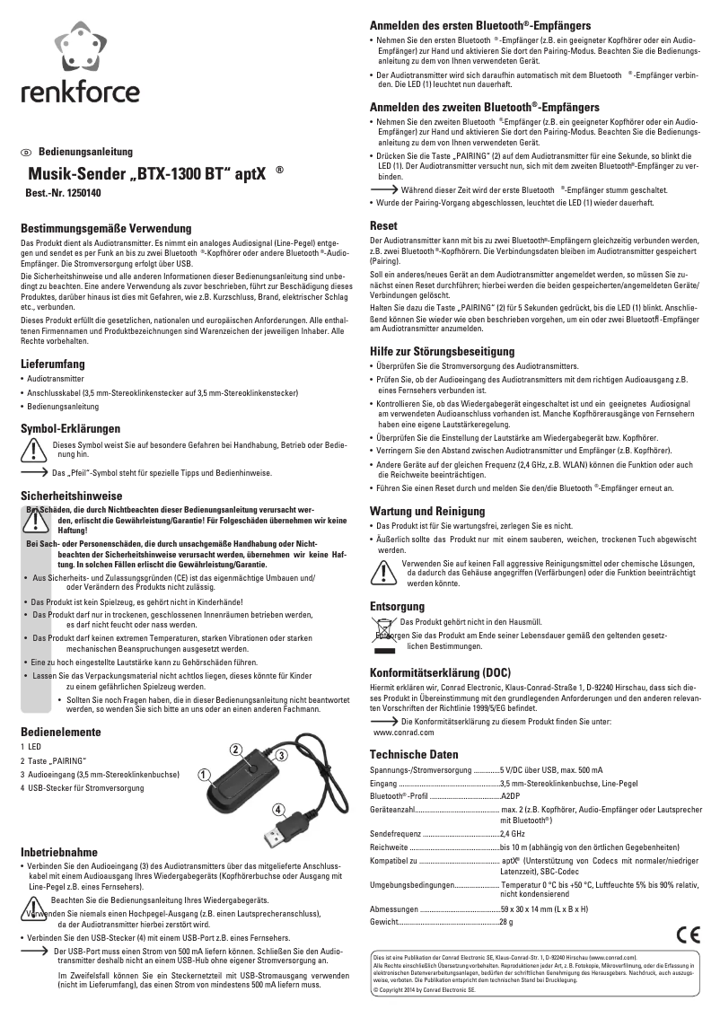 Page 1 de la notice Manuel utilisateur Renkforce BTX-1300
