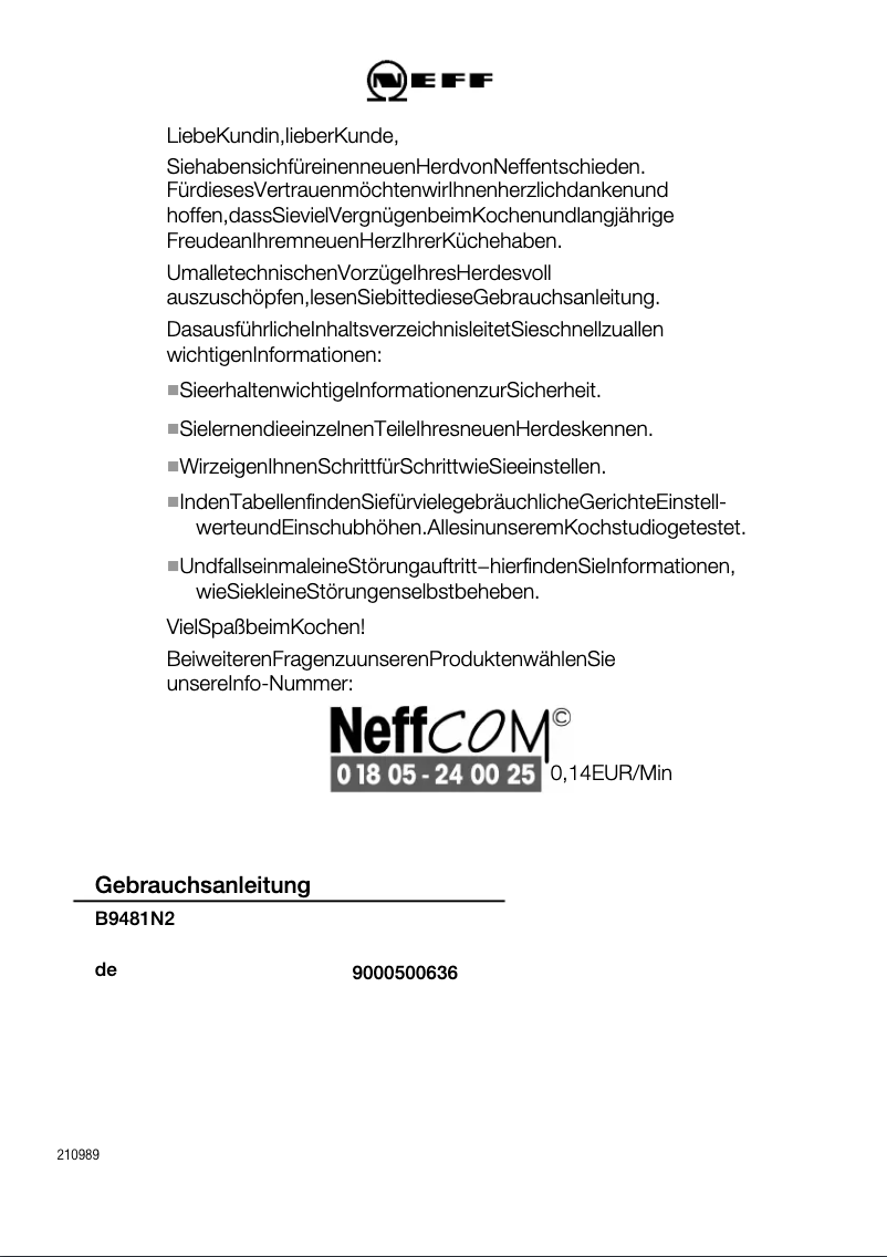 Page n°1 - Manuel utilisateur Neff B 9481N2