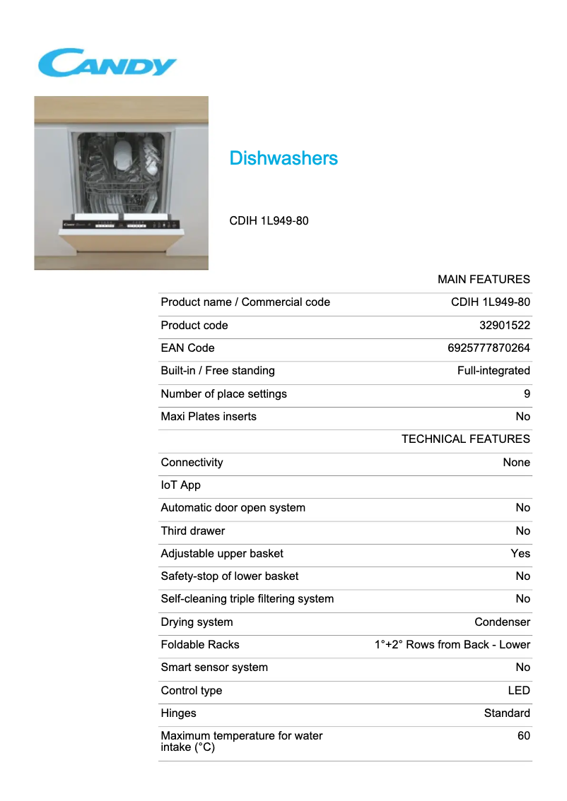 Page 1 de la notice Fiche technique Candy CDIH 1L949-80