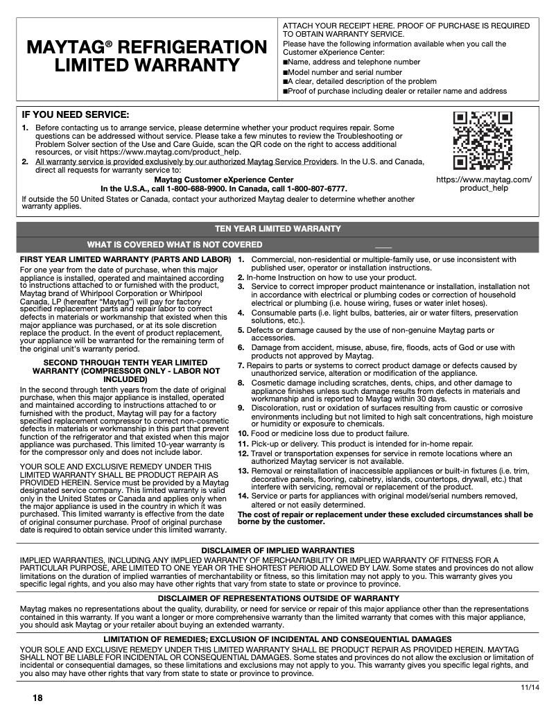 Page n°1 - Informations de garantie Maytag MRT118FFFBK