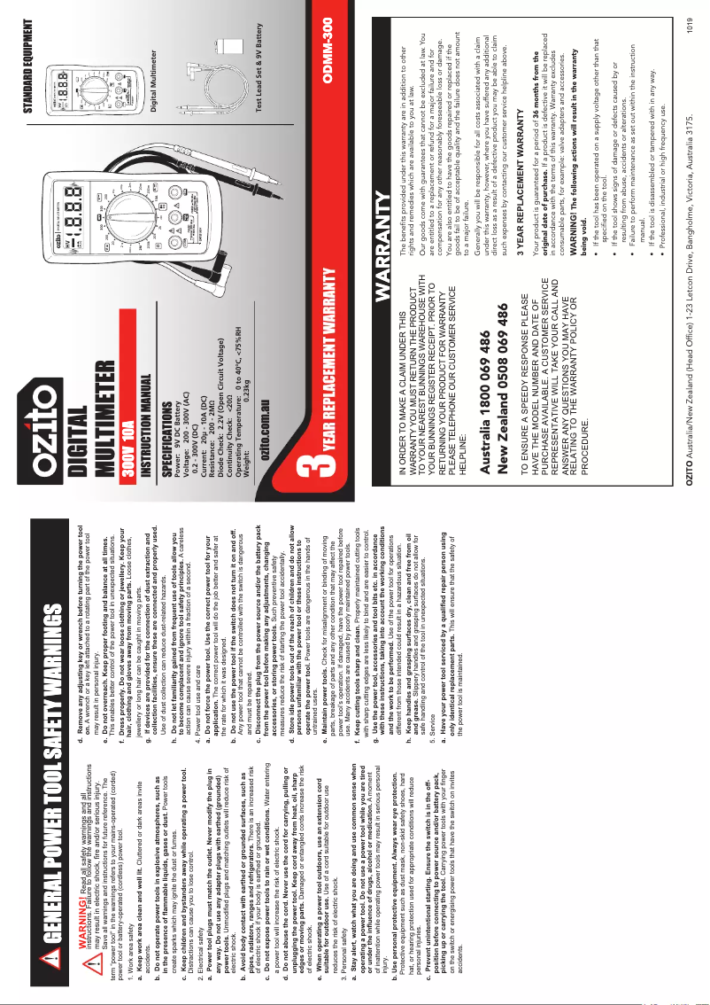 Page 1 de la notice Manuel utilisateur Ozito ODMM-300