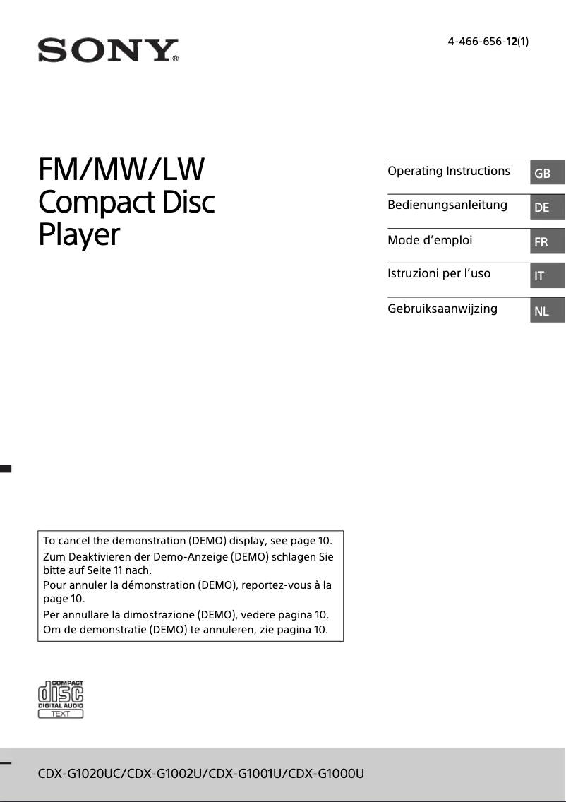 Image de la première page du manuel de l'appareil CDX-G1020UC