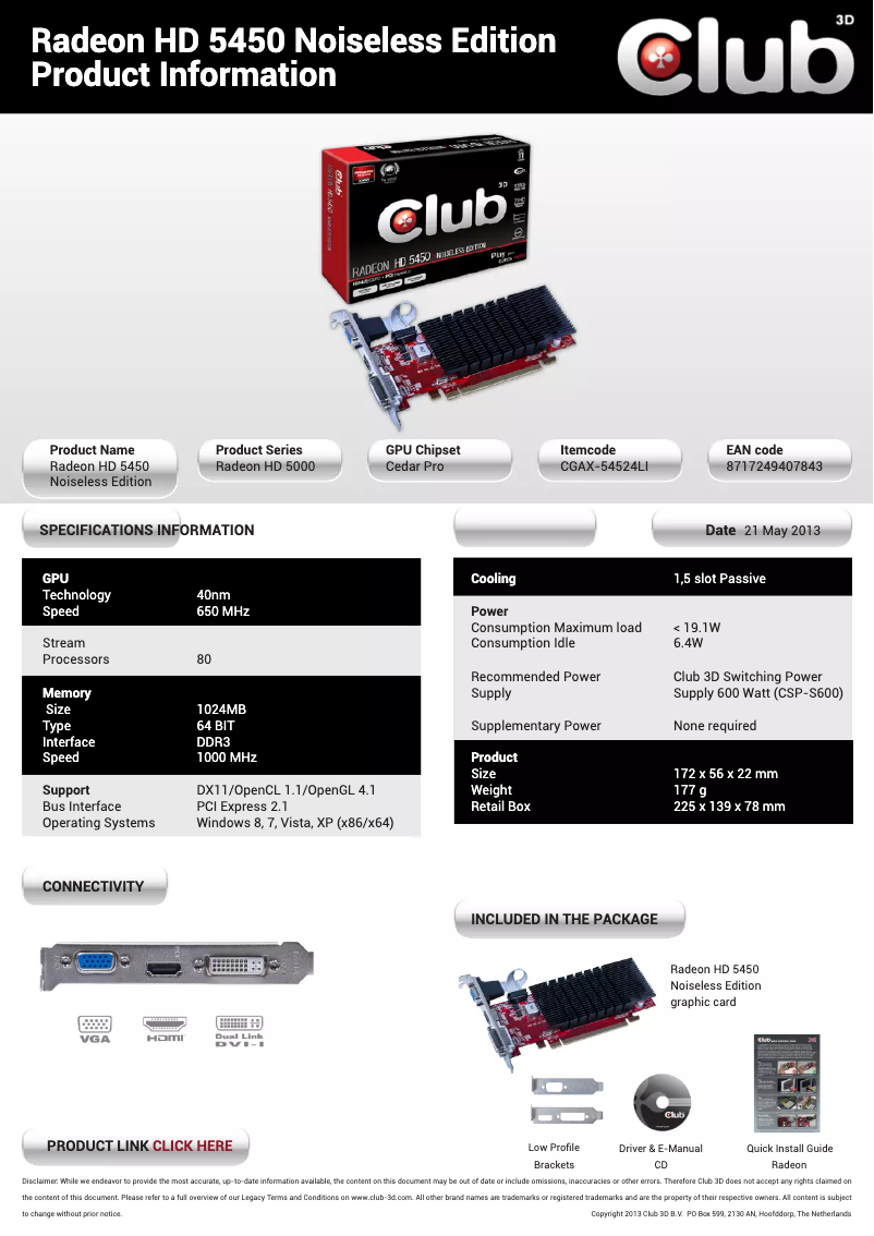 Page 1 de la notice Manuel utilisateur CLUB3D Radeon HD5450 Noiseless Edition