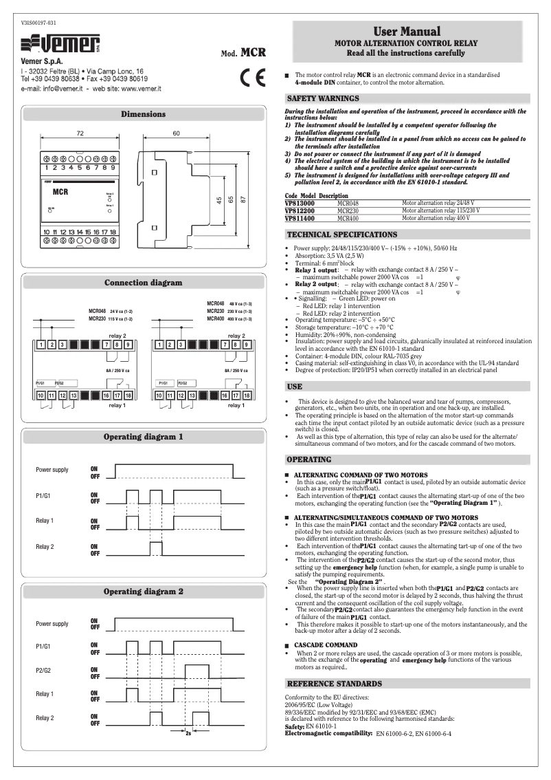 Page 1 de la notice Manuel utilisateur Vemer MCR400