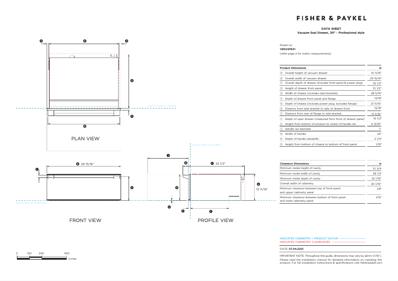 Page 1 de la notice Fiche technique Fisher & Paykel VB30SPEX1