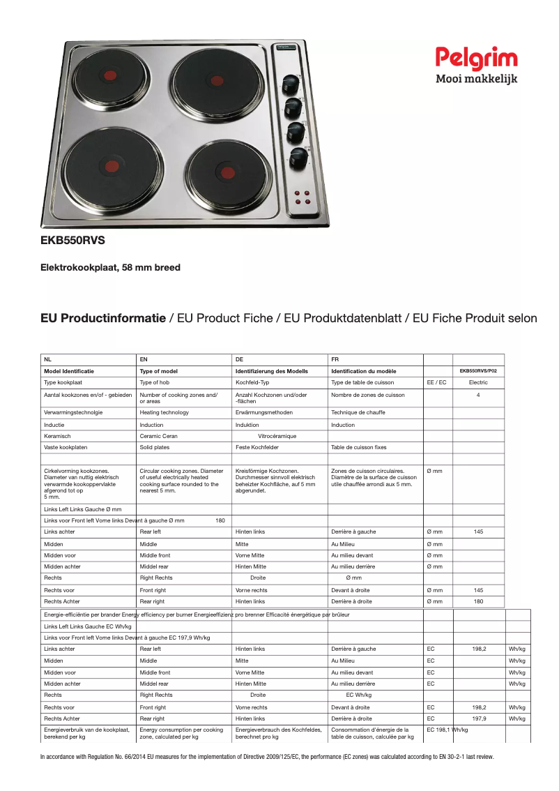 Page n°1 - Fiche technique Pelgrim EKB550RVS