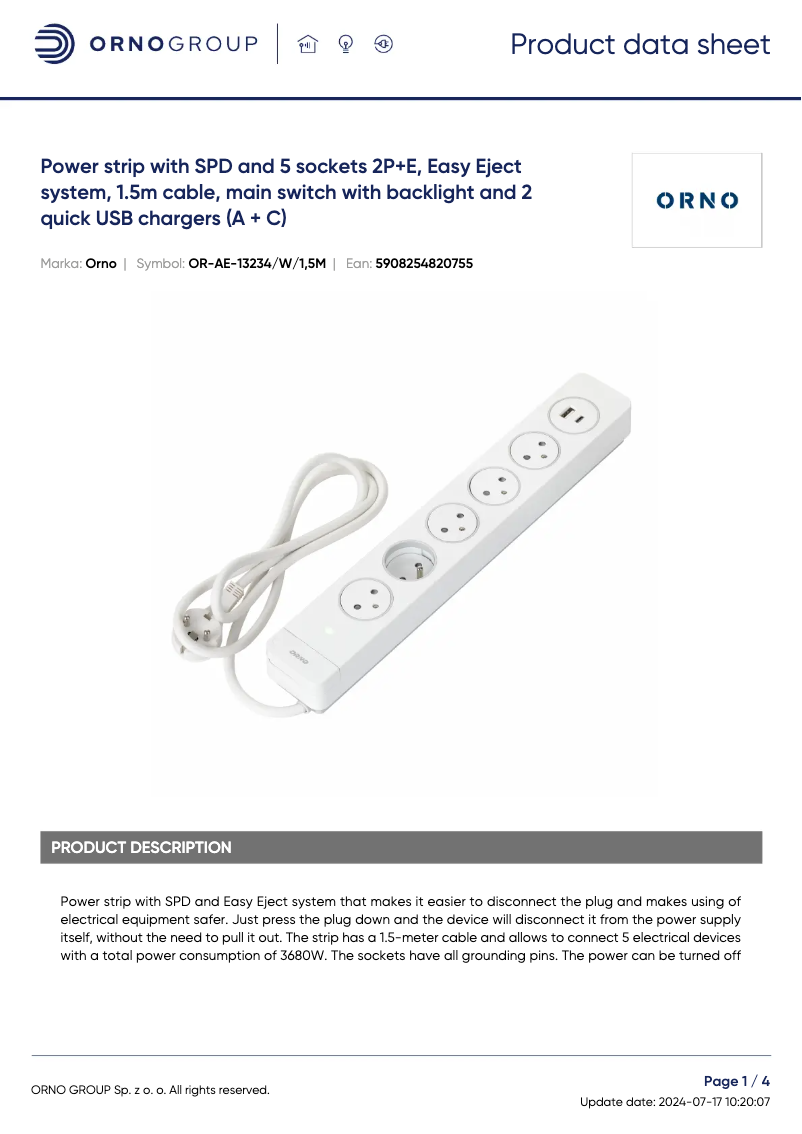 Page 1 de la notice Fiche technique ORNO OR-AE-13234